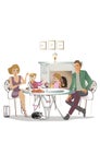 Mother, a father, thier children spending time having their holiday family dinner. Hand drawn vector colorful illustration. Royalty Free Stock Photo
